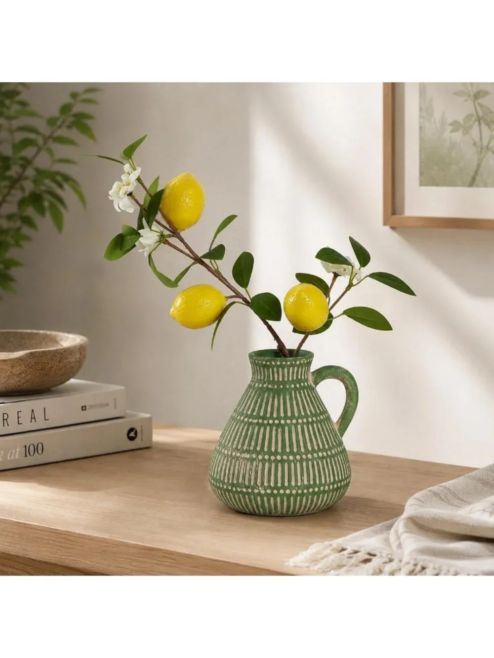 Small Green Clay Vase with Faux Lemon Branch - Charming Lemon Decor Accent